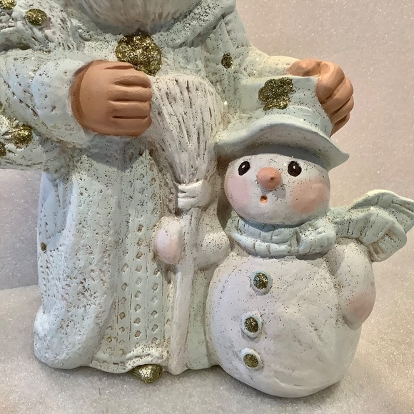 White Ceramic Santa Claus With Snowman Statue 10 Inch Tall - Picture 3 of 8
